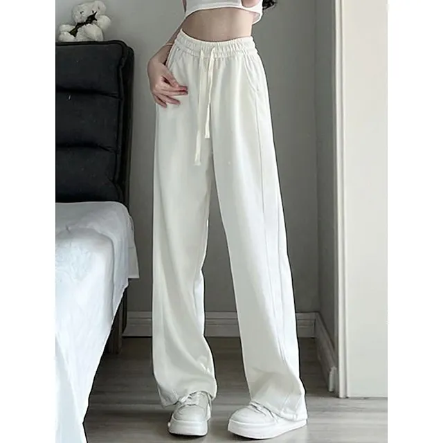 Women’s Wide Leg Pants Trousers Plain Full Length Micro-elastic High Waist Fashion Streetwear Street Daily rice white Grey S M Fall Winter 1bdb69c64f490a0904c582757246bc04