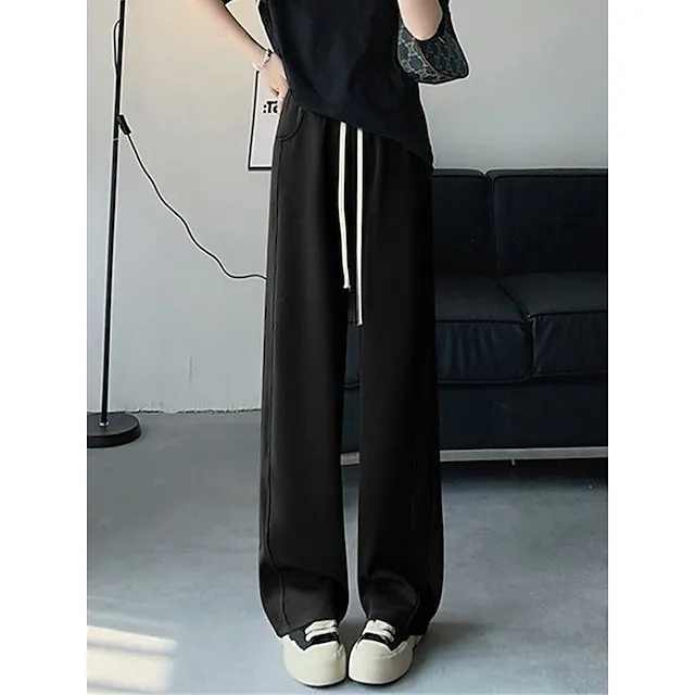 Women’s Wide Leg Pants Trousers Plain Full Length Micro-elastic High Waist Fashion Streetwear Street Daily rice white Grey S M Fall Winter 28a634b090c68cea8de7de1842746f02