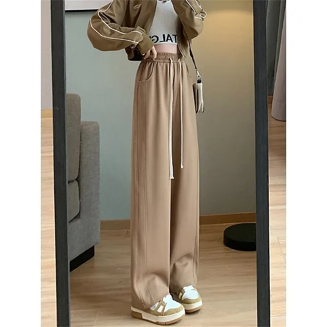 Women’s Wide Leg Pants Trousers Plain Full Length Micro-elastic High Waist Fashion Streetwear Street Daily rice white Grey S M Fall Winter 4de050f58d9a075feac3a61aa4c49c84