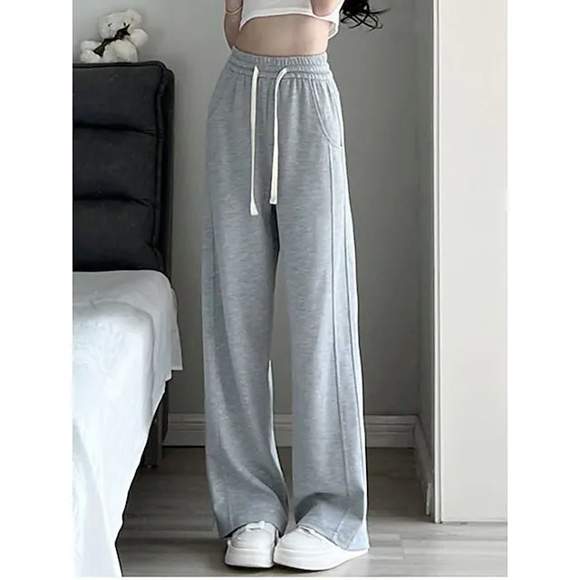 Women’s Wide Leg Pants Trousers Plain Full Length Micro-elastic High Waist Fashion Streetwear Street Daily rice white Grey S M Fall Winter 78d5bd9379811b3209117e8536417cfc