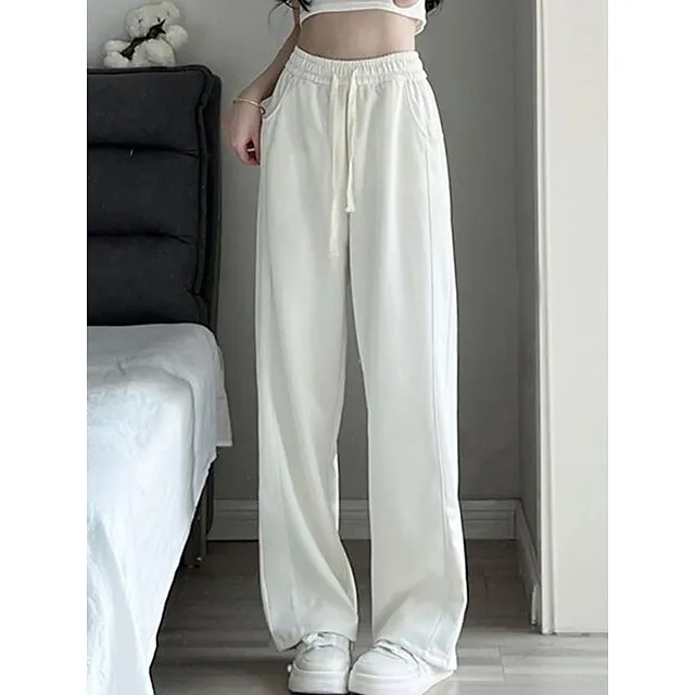 Women’s Wide Leg Pants Trousers Plain Full Length Micro-elastic High Waist Fashion Streetwear Street Daily rice white Grey S M Fall Winter 86c4dc355759121e9161e69c85b550aa