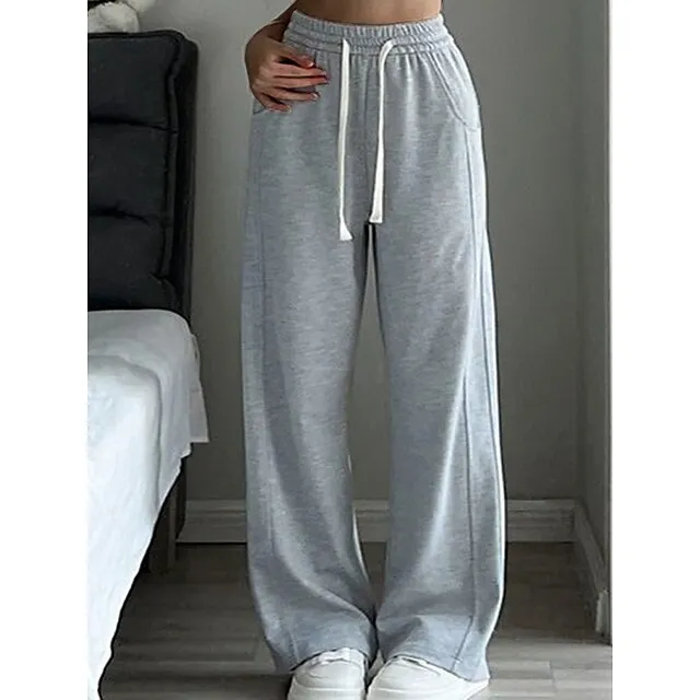 Women's Wide Leg Pants Trousers Plain Full Length Micro-elastic High Waist Fashion Streetwear Street Daily rice white Grey S M Fall Winter acca5eaa252b2f92313459f3b10f311c