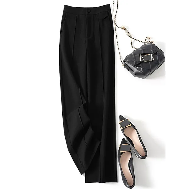 Women’s Wide Leg Pants Trousers Plain Full Length Micro-elastic High Waist Fashion Streetwear Street Daily Dark-Gray rice white S M Fall Winter 752e506807575d9f5969acf3060b38d7