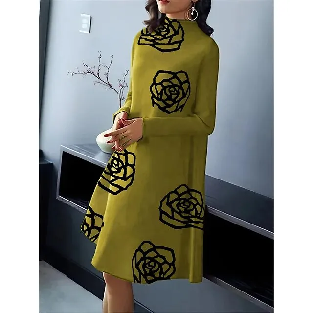 Women's Casual Dress Winter Dress Floral Print Stand Collar Midi Dress Fashion Streetwear Outdoor Daily Long Sleeve Loose Fit Yellow Wine Blue Fall Winter S M L XL 2XL 765a53ad3a7ea91953f7380b163befea