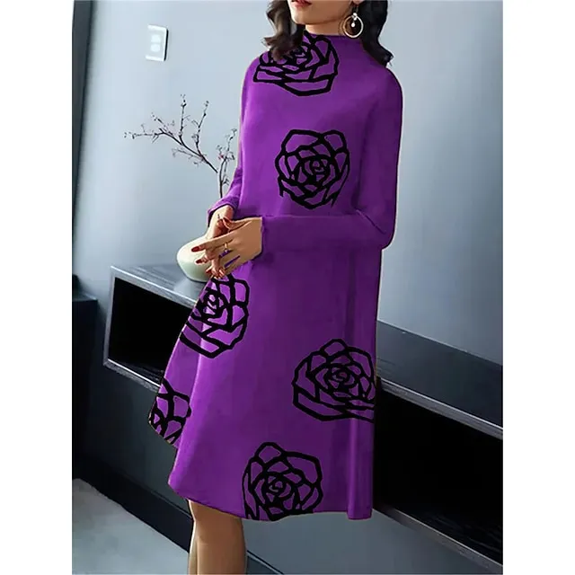 Women’s Casual Dress Winter Dress Floral Print Stand Collar Midi Dress Fashion Streetwear Outdoor Daily Long Sleeve Loose Fit Yellow Wine Blue Fall Winter S M L XL 2XL 7fd7efa497585667d73da03ff08d001b