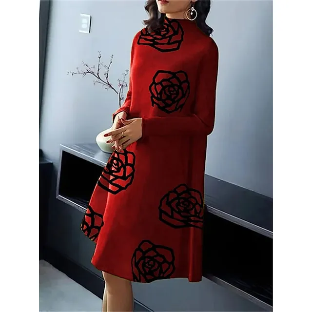 Women’s Casual Dress Winter Dress Floral Print Stand Collar Midi Dress Fashion Streetwear Outdoor Daily Long Sleeve Loose Fit Yellow Wine Blue Fall Winter S M L XL 2XL c9ebda1c7b0c09b01a0dd9f45a8e948a