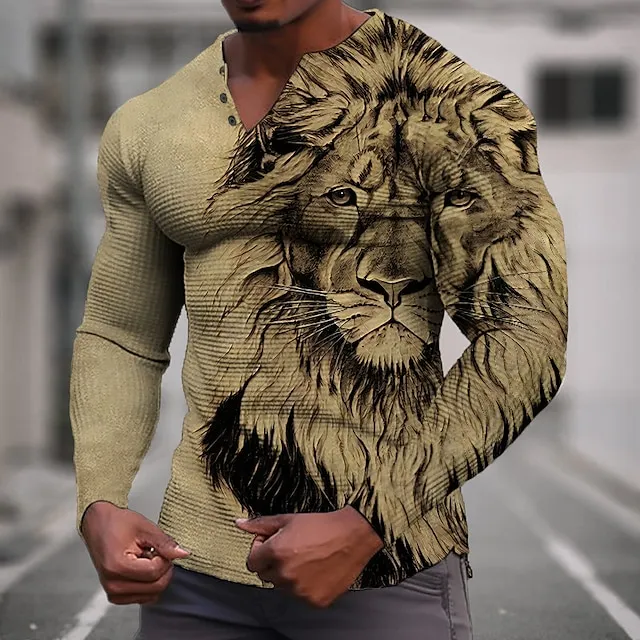 Graphic Animal Lion Fashion Designer Casual Men's 3D Print Henley Shirt Waffle T Shirt Sports Outdoor Holiday Festival T shirt Blue Green Khaki Long Sleeve Henley Shirt Spring & Fall Clothing Apparel 01ce35853fc05be12a2ff4397d113948