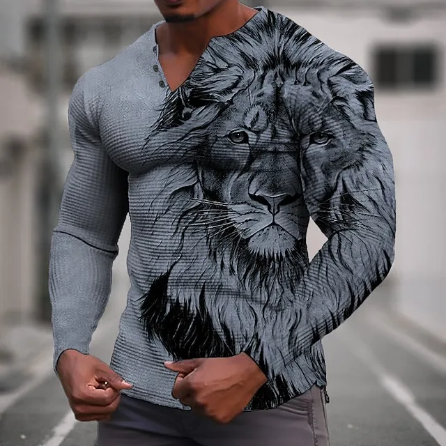 Graphic Animal Lion Fashion Designer Casual Men’s 3D Print Henley Shirt Waffle T Shirt Sports Outdoor Holiday Festival T shirt Blue Green Khaki Long Sleeve Henley Shirt Spring & Fall Clothing Apparel 1902d5dc1f747e5da8ac684206e46386