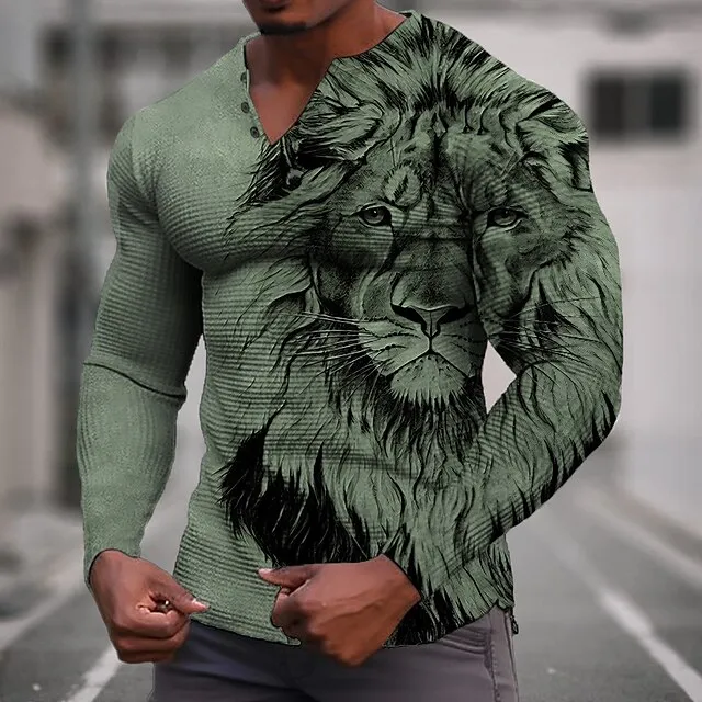 Graphic Animal Lion Fashion Designer Casual Men’s 3D Print Henley Shirt Waffle T Shirt Sports Outdoor Holiday Festival T shirt Blue Green Khaki Long Sleeve Henley Shirt Spring & Fall Clothing Apparel 267fb77a2b6380be6edbdfdfafd71d67