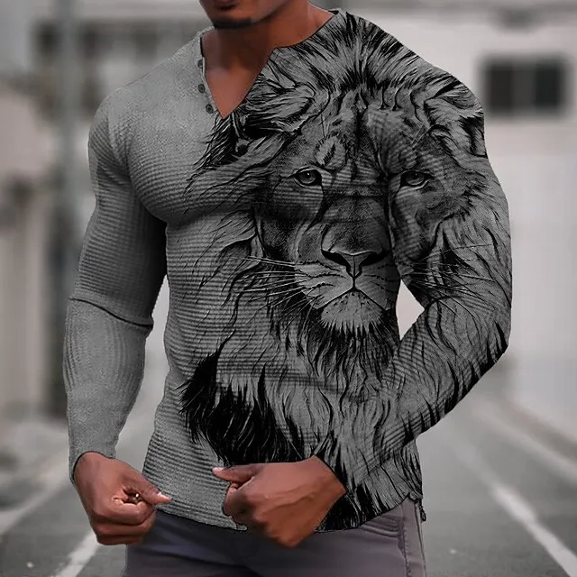 Graphic Animal Lion Fashion Designer Casual Men’s 3D Print Henley Shirt Waffle T Shirt Sports Outdoor Holiday Festival T shirt Blue Green Khaki Long Sleeve Henley Shirt Spring & Fall Clothing Apparel 981c1e4371a57b55da7b995ec897387d