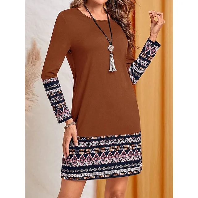 Women’s Work Dress Casual Dress Fashion Winter Dress Daily Mini Dress Print Crew Neck Long Sleeve Geometric Color Block Loose Fit Blue Brown Green Fall Winter S M L XL XXL 0e888ebb7ca9194a2357b1123673c64b
