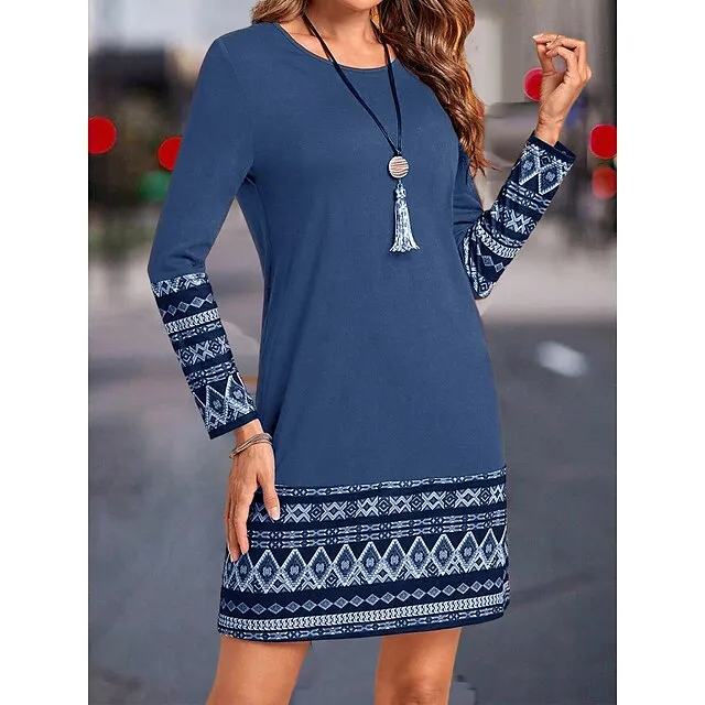 Women’s Work Dress Casual Dress Fashion Winter Dress Daily Mini Dress Print Crew Neck Long Sleeve Geometric Color Block Loose Fit Blue Brown Green Fall Winter S M L XL XXL 57eb471cd8f165a1b215785702aaccc5