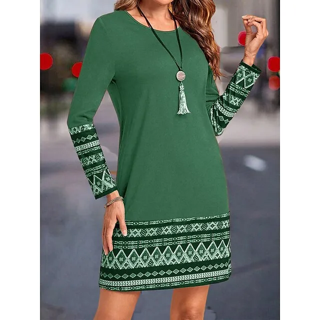 Women’s Work Dress Casual Dress Fashion Winter Dress Daily Mini Dress Print Crew Neck Long Sleeve Geometric Color Block Loose Fit Blue Brown Green Fall Winter S M L XL XXL 5a69c4032c2c4a47799a82e6cc4cee74