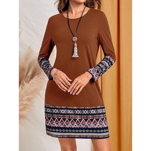 Women’s Work Dress Casual Dress Fashion Winter Dress Daily Mini Dress Print Crew Neck Long Sleeve Geometric Color Block Loose Fit Blue Brown Green Fall Winter S M L XL XXL 7497dc1f1786038717b5906ca637502e