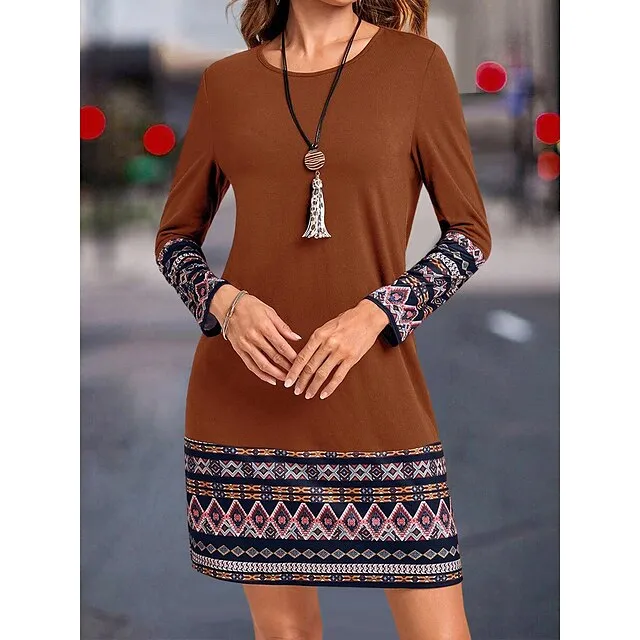 Women’s Work Dress Casual Dress Fashion Winter Dress Daily Mini Dress Print Crew Neck Long Sleeve Geometric Color Block Loose Fit Blue Brown Green Fall Winter S M L XL XXL 8093a2b20b7f2c4bfc508b6c6c01c7ba