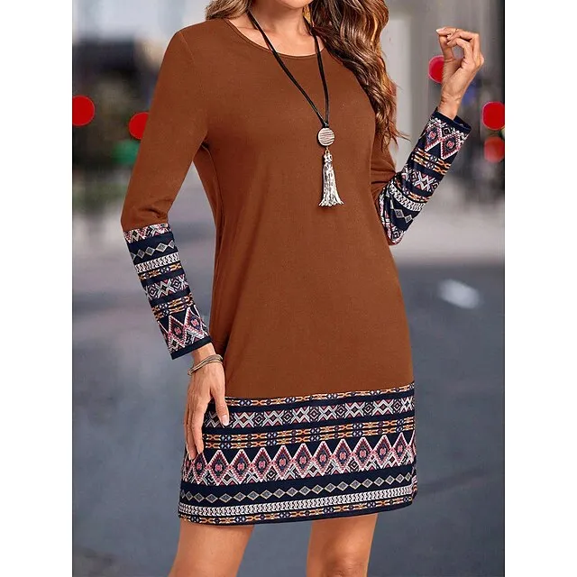 Women’s Work Dress Casual Dress Fashion Winter Dress Daily Mini Dress Print Crew Neck Long Sleeve Geometric Color Block Loose Fit Blue Brown Green Fall Winter S M L XL XXL d441813b061b3017e88dd9b7de542178