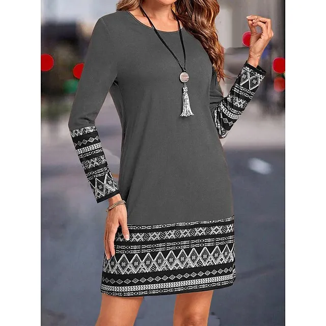Women's Work Dress Casual Dress Fashion Winter Dress Daily Mini Dress Print Crew Neck Long Sleeve Geometric Color Block Loose Fit Blue Brown Green Fall Winter S M L XL XXL d7225a27892b1356c1960244eb385563