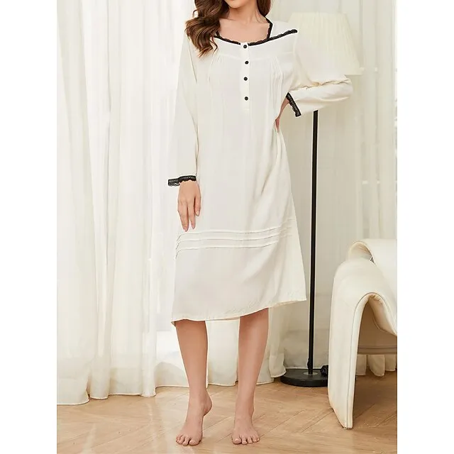 Women’s Pajamas lace solid Nightgown Nightshirt Dress Pure Color Casual Comfort Sweet Home Daily Bed Rayon Breathable Square Neck Long Sleeve Button Fall Winter Beige 6cbddad79d5dcc41556a9e377db72d9d