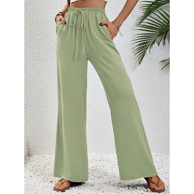 Women’s Wide Leg Pants Trousers Plain Full Length Micro-elastic High Waist Fashion Streetwear Street Daily Light Blue pea green S M Fall Winter 0697e982b525e0f7395b48698eb76dfe