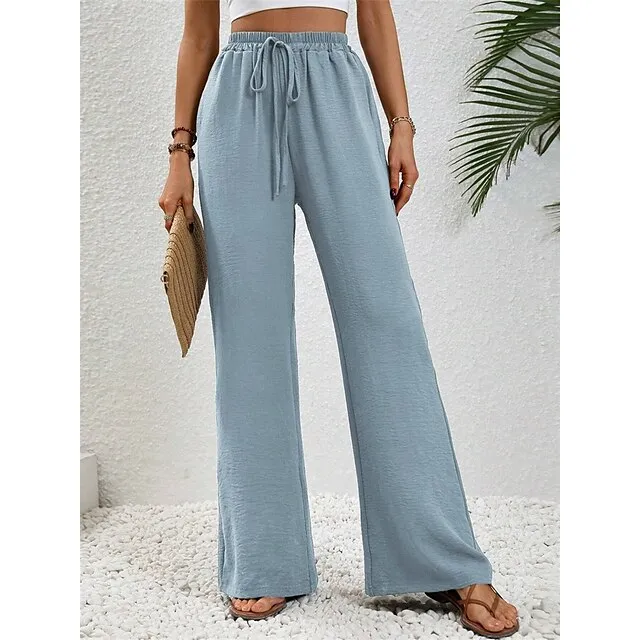 Women’s Wide Leg Pants Trousers Plain Full Length Micro-elastic High Waist Fashion Streetwear Street Daily Light Blue pea green S M Fall Winter 44aa441f1d8a7e1d95b52b8c765bec98