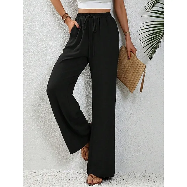 Women’s Wide Leg Pants Trousers Plain Full Length Micro-elastic High Waist Fashion Streetwear Street Daily Light Blue pea green S M Fall Winter 4b15205a093e76920686d5dbcfb10a02