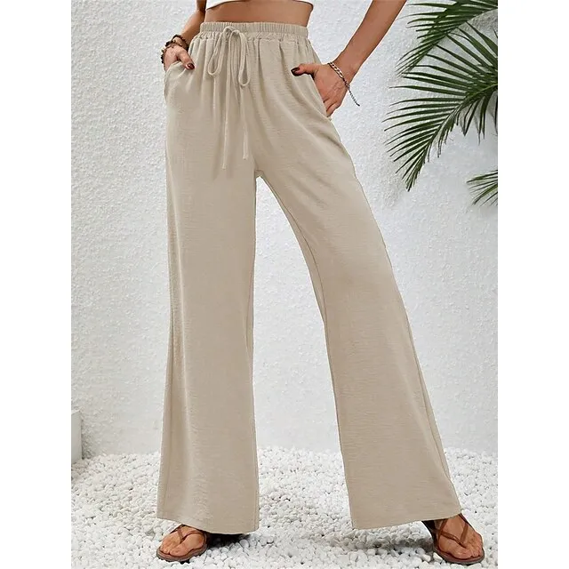 Women’s Wide Leg Pants Trousers Plain Full Length Micro-elastic High Waist Fashion Streetwear Street Daily Light Blue pea green S M Fall Winter 632580c657984237cc212334bc67bdf2