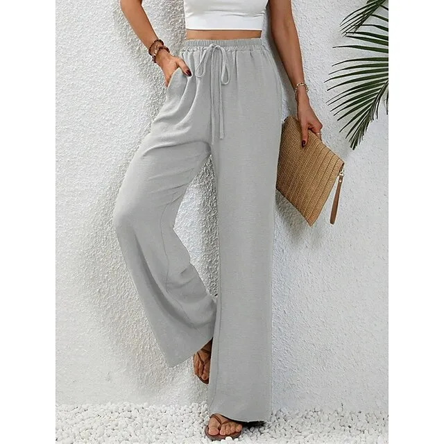 Women’s Wide Leg Pants Trousers Plain Full Length Micro-elastic High Waist Fashion Streetwear Street Daily Light Blue pea green S M Fall Winter a3356060953f23017e738158e2a87206