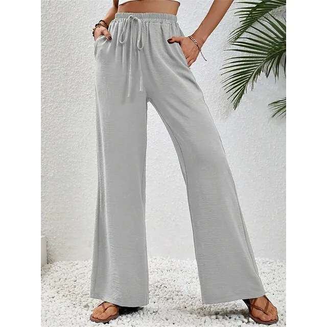 Women’s Wide Leg Pants Trousers Plain Full Length Micro-elastic High Waist Fashion Streetwear Street Daily Light Blue pea green S M Fall Winter b57f6a1bfd24096ca213bf43aaeece44