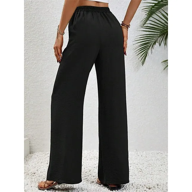 Women’s Wide Leg Pants Trousers Plain Full Length Micro-elastic High Waist Fashion Streetwear Street Daily Light Blue pea green S M Fall Winter cd9fb116377b14211722e7ac109ad713