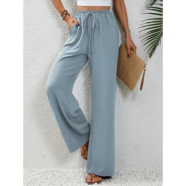 Women's Wide Leg Pants Trousers Plain Full Length Micro-elastic High Waist Fashion Streetwear Street Daily Light Blue pea green S M Fall Winter cec494c488f6a44bd45bb8aef67ac3f1