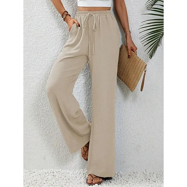 Women’s Wide Leg Pants Trousers Plain Full Length Micro-elastic High Waist Fashion Streetwear Street Daily Light Blue pea green S M Fall Winter e4daa145c85964d89d322ffef977f471
