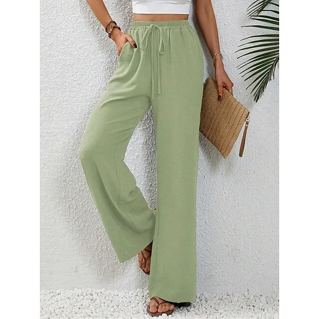 Women’s Wide Leg Pants Trousers Plain Full Length Micro-elastic High Waist Fashion Streetwear Street Daily Light Blue pea green S M Fall Winter f6fe74473b850da90b99e2c0f856b8d6
