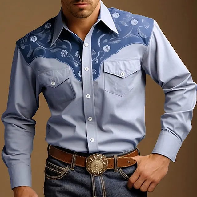 Floral Vintage western style Men’s Shirt Western Shirt Outdoor Street Casual Daily Fall & Winter Turndown Long Sleeve Black Blue Brown S M L Shirt 32bb056d3995c95e69f013974cc15e93