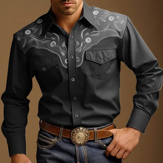 Floral Vintage western style Men’s Shirt Western Shirt Outdoor Street Casual Daily Fall & Winter Turndown Long Sleeve Black Blue Brown S M L Shirt 7658973cd93b05d1c3268f70441bb0ca