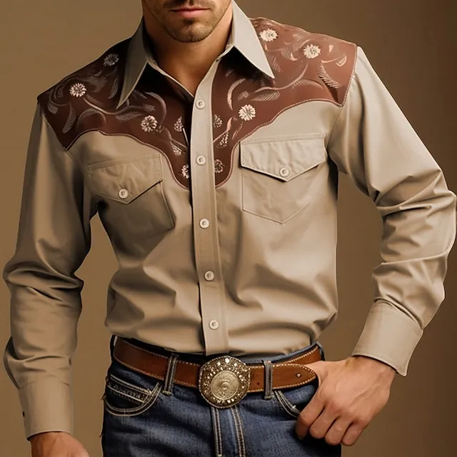 Floral Vintage western style Men’s Shirt Western Shirt Outdoor Street Casual Daily Fall & Winter Turndown Long Sleeve Black Blue Brown S M L Shirt aed736473cbd4b62f5b6b1e20bb73a0d