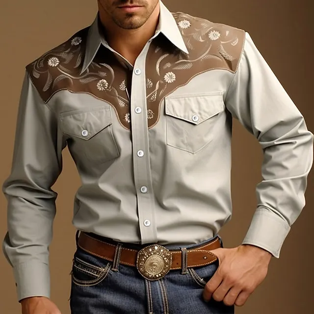 Floral Vintage western style Men's Shirt Western Shirt Outdoor Street Casual Daily Fall & Winter Turndown Long Sleeve Black Blue Brown S M L Shirt