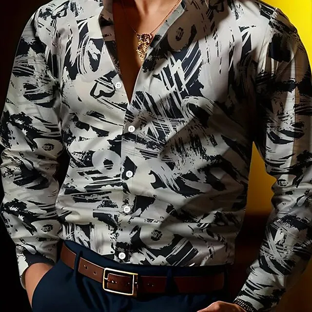 Graffiti Business Casual Men’s Shirt Daily Wear Going out Fall & Winter Turndown Long Sleeve Black, White S, M, L 4-Way Stretch Fabric Shirt 2b16ae423cab75faffc5d6bce09112e0