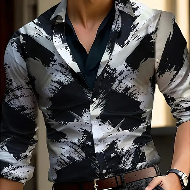 Graffiti Business Casual Men’s Shirt Daily Wear Going out Fall & Winter Turndown Long Sleeve Black, White S, M, L 4-Way Stretch Fabric Shirt 8ab02b1c141f3924ea610adb12e5d944