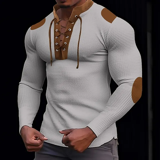 Men’s T shirt Tee Waffle Knit Tee Tee Top Long Sleeve Shirt Color Block Standing Collar Street Vacation Long Sleeve Lace up Patchwork Clothing Apparel Fashion Designer Basic 33b757d2971d6193df9c2b538553f578