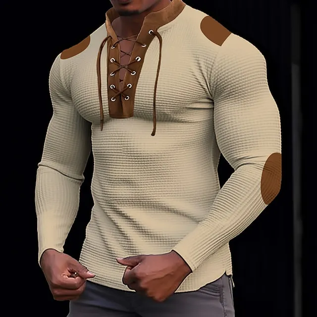 Men’s T shirt Tee Waffle Knit Tee Tee Top Long Sleeve Shirt Color Block Standing Collar Street Vacation Long Sleeve Lace up Patchwork Clothing Apparel Fashion Designer Basic 3763c4e297d6f4a5e5661ce43c18b6f1