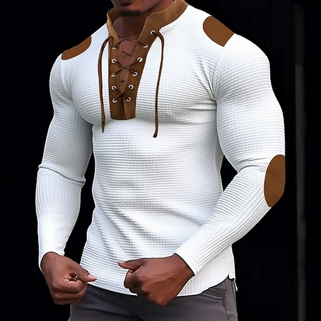 Men's T shirt Tee Waffle Knit Tee Tee Top Long Sleeve Shirt Color Block Standing Collar Street Vacation Long Sleeve Lace up Patchwork Clothing Apparel Fashion Designer Basic 60bd5a9608d6ea28c3bf76b951568fe7
