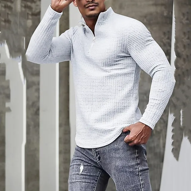 Men’s T shirt Tee Waffle Knit Tee Tee Top Long Sleeve Shirt Plain Quarter Zip Street Vacation Long Sleeve Clothing Apparel Fashion Designer Basic 0856c933deb5b5420b14e38cad356f56
