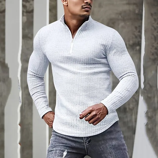 Men’s T shirt Tee Waffle Knit Tee Tee Top Long Sleeve Shirt Plain Quarter Zip Street Vacation Long Sleeve Clothing Apparel Fashion Designer Basic 0f94e5d14bc82a8f594bd82316dde21d