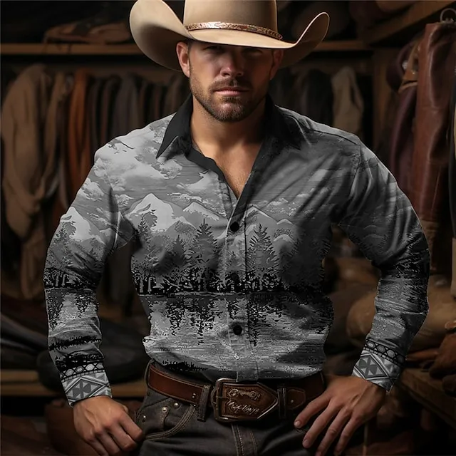 Scenery Vintage western style Men’s Shirt Western Shirt Outdoor Street Casual Daily Fall & Winter Turndown Long Sleeve Brown Green Gray S M L Shirt 55ae177184d9763c93c5e96944d88f2a