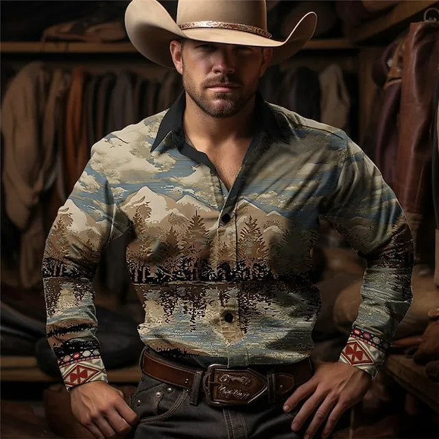 Scenery Vintage western style Men's Shirt Western Shirt Outdoor Street Casual Daily Fall & Winter Turndown Long Sleeve Brown Green Gray S M L Shirt 829b86031c1833a86ecc501cbff81180