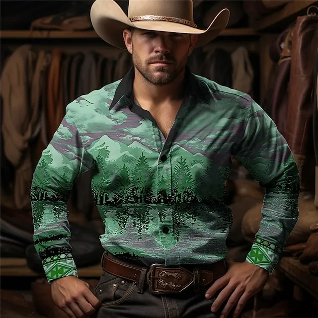 Scenery Vintage western style Men’s Shirt Western Shirt Outdoor Street Casual Daily Fall & Winter Turndown Long Sleeve Brown Green Gray S M L Shirt ba7d7f8e0ccb08cca6ed316676846527