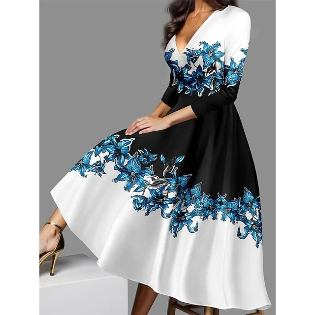 Women's Casual Dress Winter Dress Floral Print V Neck Midi Dress Streetwear A Line Street Date 3/4 Length Sleeve Regular Fit Red Blue Purple Fall Winter S M L XL XXL 0171beef9fc07492ec7dd17a4f4fd7f4