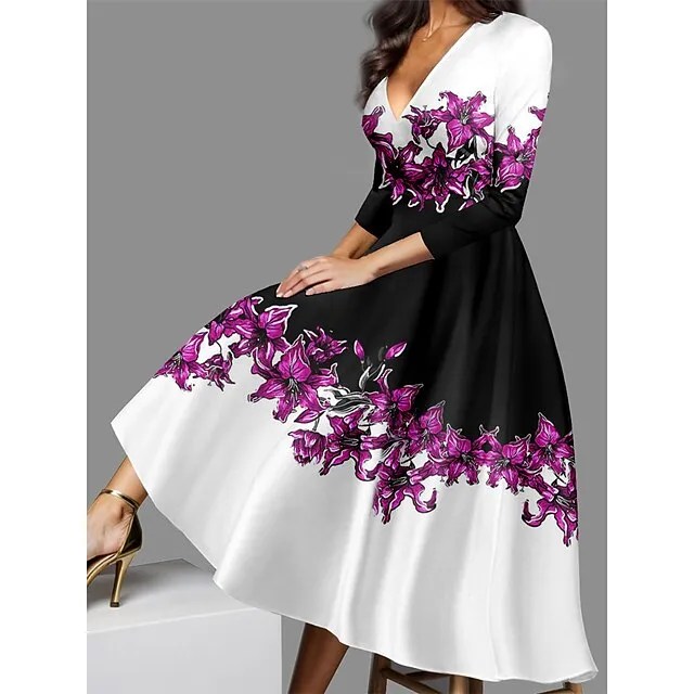 Women’s Casual Dress Winter Dress Floral Print V Neck Midi Dress Streetwear A Line Street Date 3/4 Length Sleeve Regular Fit Red Blue Purple Fall Winter S M L XL XXL 3bef0381e5f2183eef910f9908ddffee