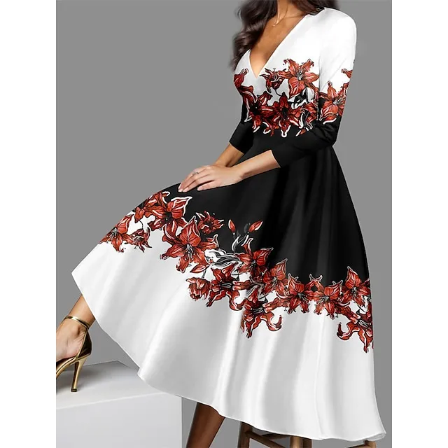 Women’s Casual Dress Winter Dress Floral Print V Neck Midi Dress Streetwear A Line Street Date 3/4 Length Sleeve Regular Fit Red Blue Purple Fall Winter S M L XL XXL d2a1ad5eedf6ef81d32c4005aef76a1d