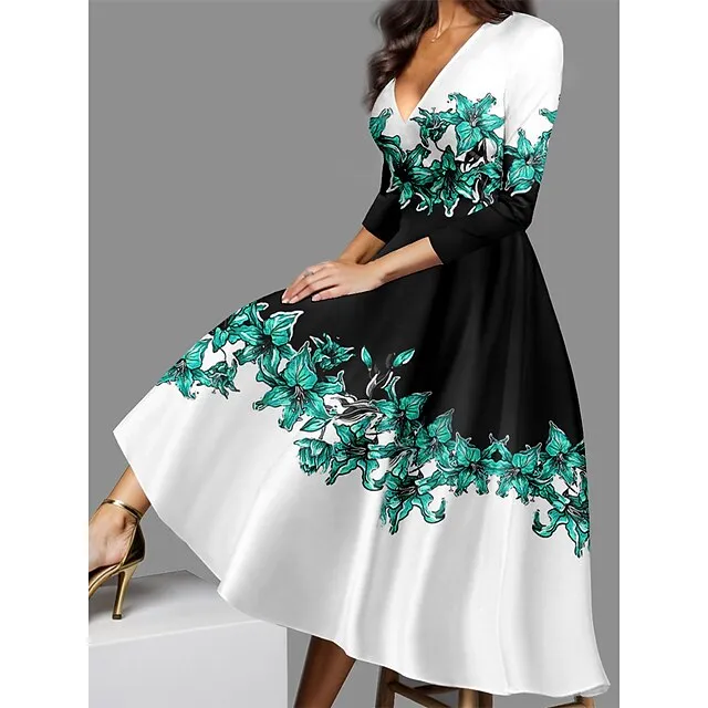Women’s Casual Dress Winter Dress Floral Print V Neck Midi Dress Streetwear A Line Street Date 3/4 Length Sleeve Regular Fit Red Blue Purple Fall Winter S M L XL XXL e2df6248e5266037e40c6ee72da3493b